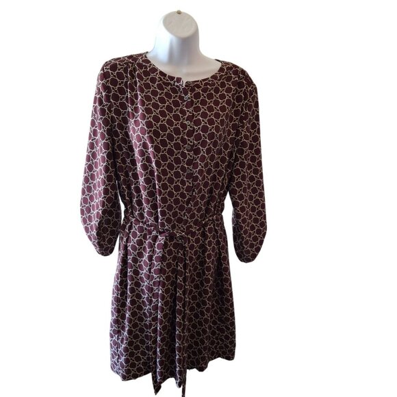 LOFT Outlet Chain Print Belted Long Sleeve Dress Womens Medium Maroon - Picture 2 of 8